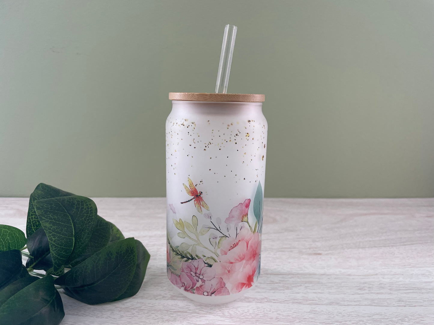 Dragonfly/Floral - Frosted Can Glass