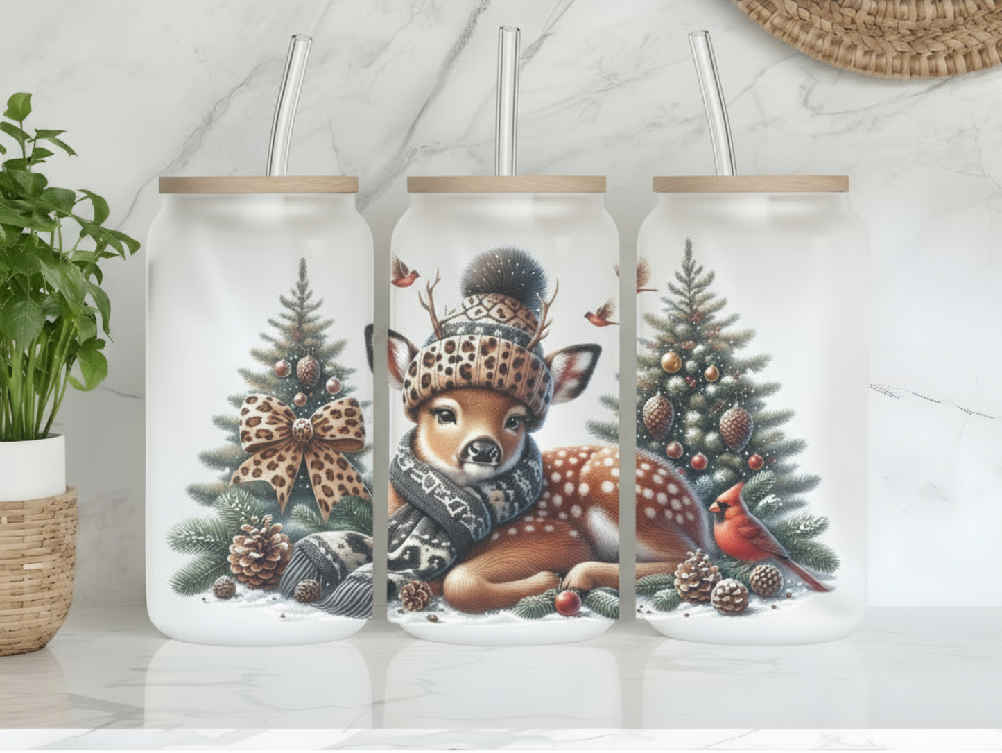 Winter Deer - Frosted Can Glass